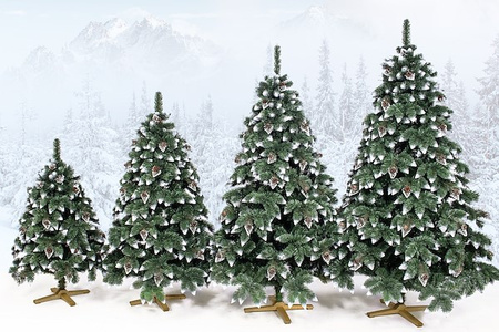 Royal Trees Sapin de Noël Artificiel 240 cm Pin Diamant avec Neige Artificielle et Pommes de Pin incl. Support en Bois